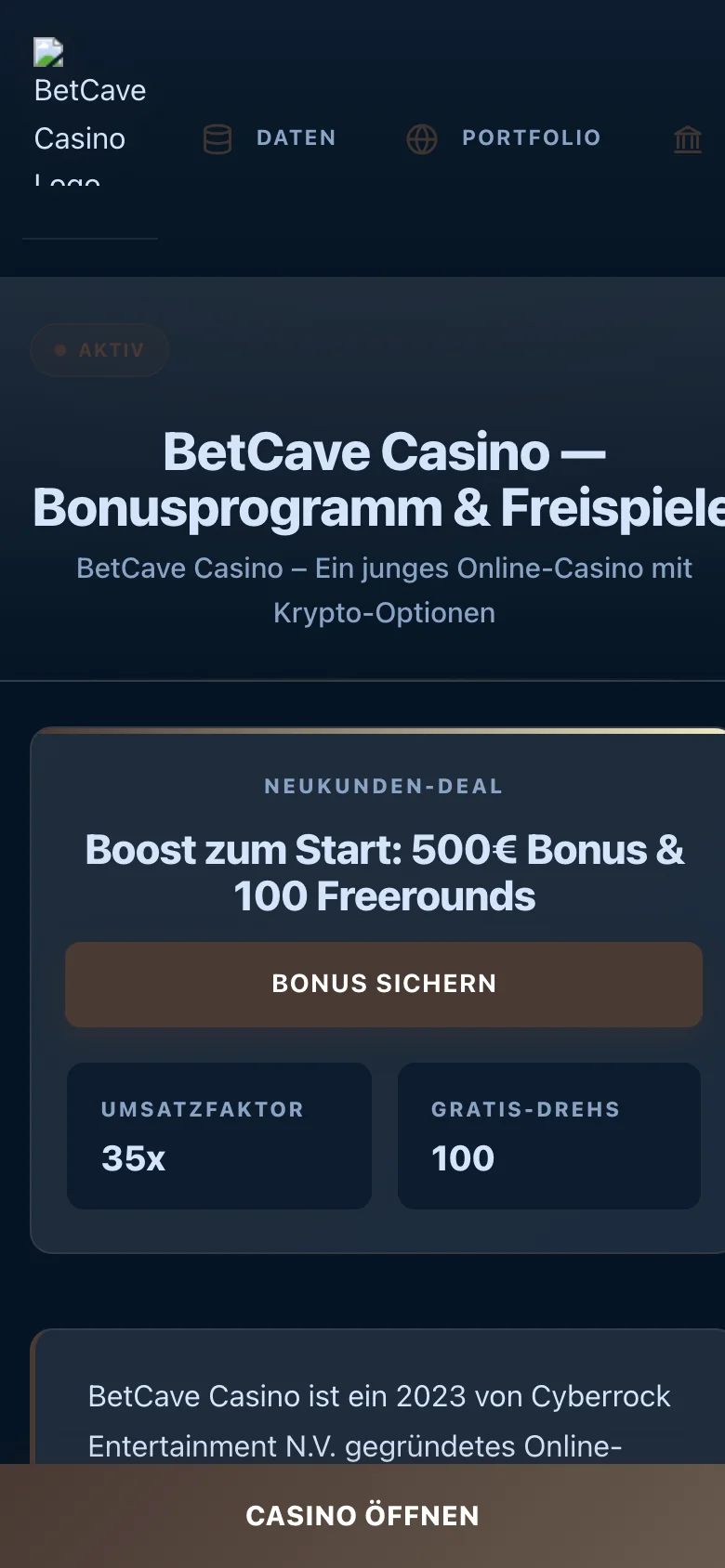 BetCave Casino mobile lobby screenshot